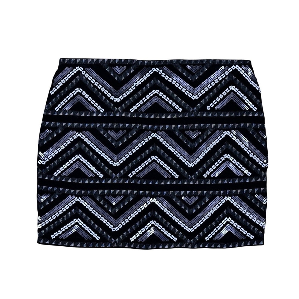 Express Lined Mini Skirt Women's S Black Sequin Chevron Stretch Waist Bodycon